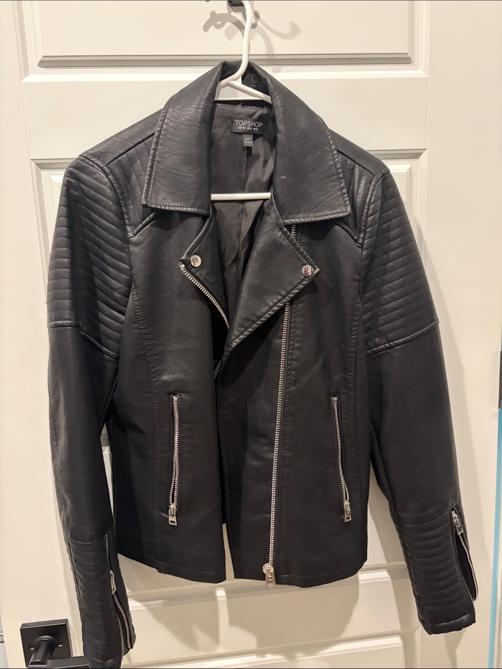Topshop Black Quilted-Shoulder faux Leather Biker Jacket